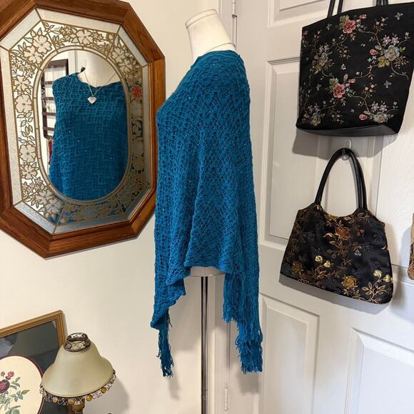 VTG Y2K Teal Blue & Green Threaded Sequin Whimsy Knit Poncho w Tassel Fringe OS - Picture 4 of 8